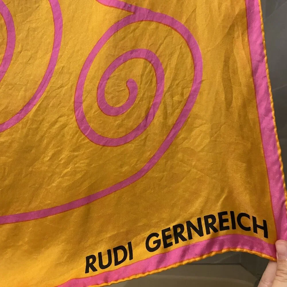 VTG Rudi Gernreich Swirl Silk Scarf Square 30x30 Mod 60s Orange Pink Designer